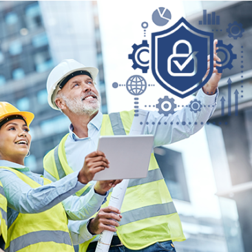 Deux personnes sur un chantier, en gilet jaune et casque. Pictogramme de cadenas avec symbole validé, représentant la sécurité sur le site