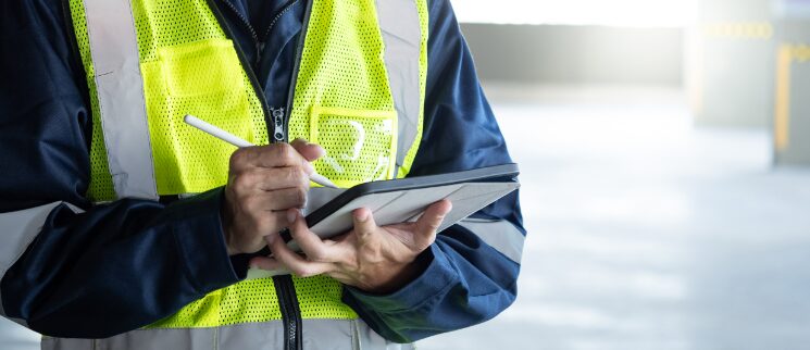man in hi-vis writes on electronic tablet